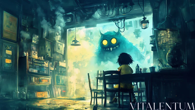 Child in workshop facing large blue creature at doorway.