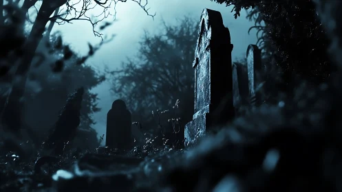 Low-angle nocturnal graveyard scene in moody photorealism.