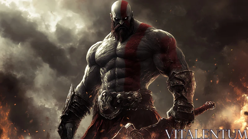 Muscular warrior rendered with high contrast lighting and volumetric fire