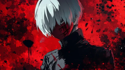White-haired figure amid splattered crimson void, ominous gaze.
