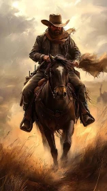 Cowboy on horseback moving through dusty prairie terrain.