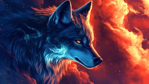 Neon wolf profile in dual-tone elemental digital painting.