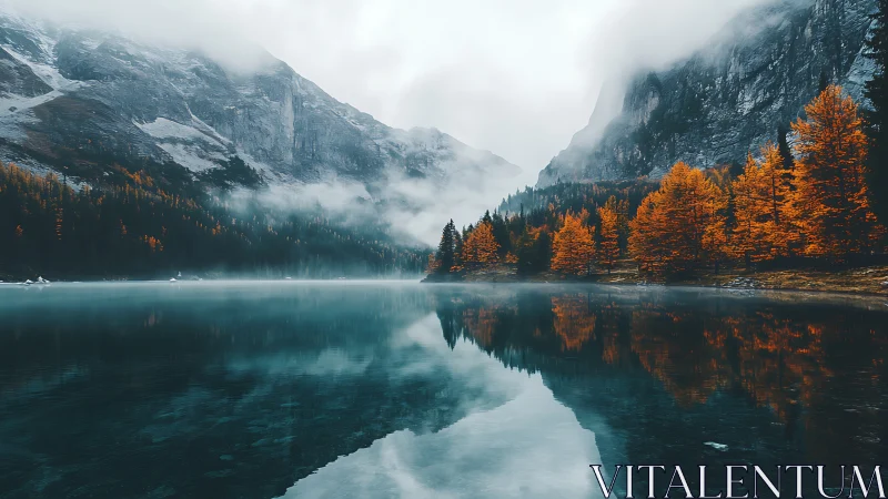 Mist-draped alpine lake cradling firebright autumn forest.