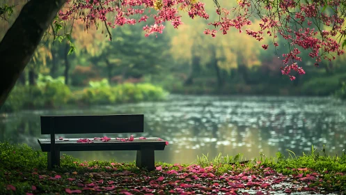 Bench under blooming tree overlooks softly defocused lakeside