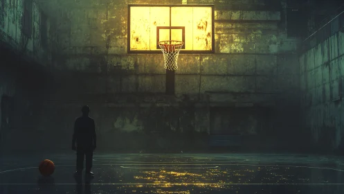Lone player studies glowing hoop in abandoned indoor court
