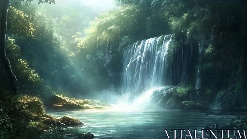 Hidden Waterfall in Luminous Forest Canyon.