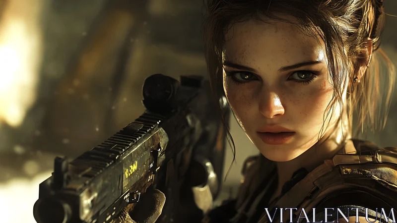 Female soldier aiming rifle in warm cinematic lighting.
