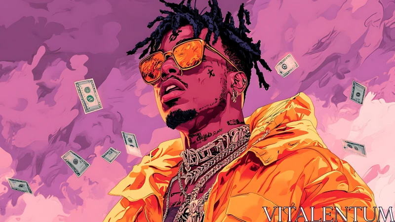 Digital rap portrait under pink sky with flying money bills.