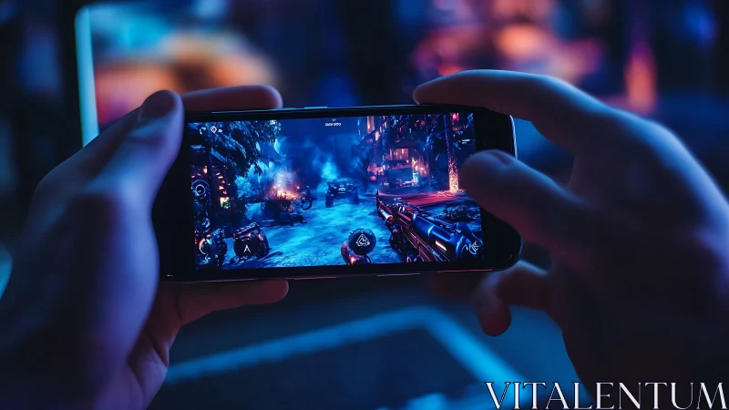 Neon-thumb warrior storming a sci fi battlefield on mobile.