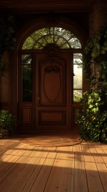 Sunlit wooden doorway opens onto a tranquil garden entry