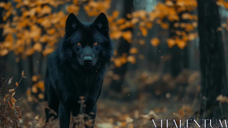 Photorealistic black wolf portrait in autumn woodland bokeh.
