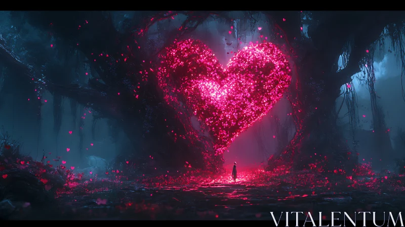 Luminous Heart Sculpture: Crystalline Heart Form Against Dark Gothic Architecture.