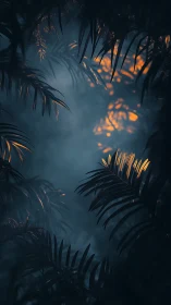 Moody jungle foliage frames warm cinematic backlight.