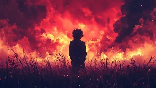 Silhouette in tall grass before extensive red fire cloud.