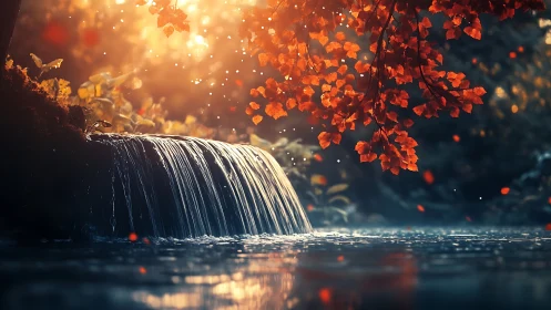 Golden autumn waterfall under soft evening sunlight.