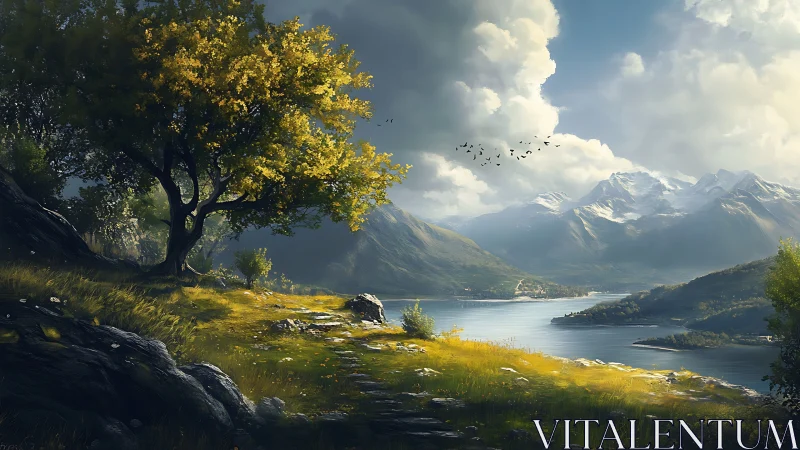 Golden hillside welcomes a calm lake under snowy peaks