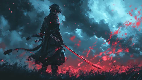 Stormbound ronin beneath bloodlit sky of shattered quiet.