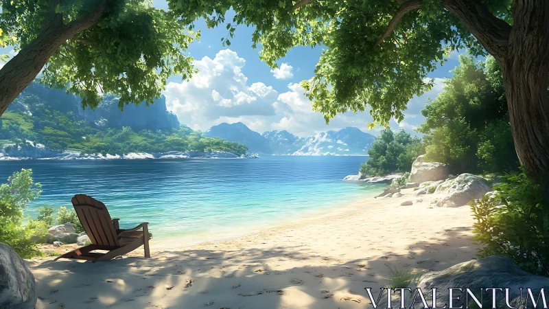 Tropical Shoreline with Adirondack Chair: Rendering Study of Alpine Lake Landscape