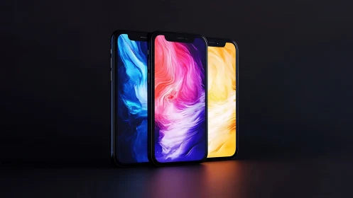 Color-swirled smartphones glowing in a dark calm studio.