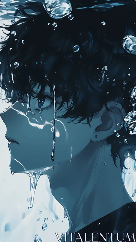 Melancholic anime profile submerged in reflective water light