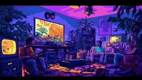Retro gaming lounge with neon palette and friends gathered.