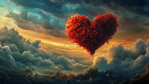 Red Heart Floating Through Clouds at Sunset