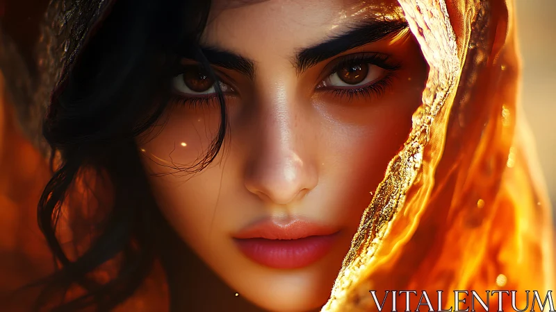 Gaze of firelit silk and shadowed secrets unveiled.