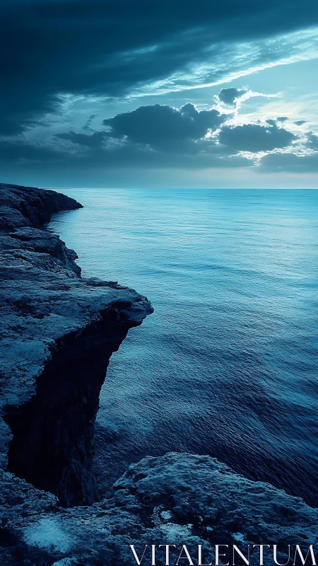 Storm-lit sea cliff under dramatic twilight sky.