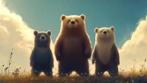 Three cartoon bears standing in soft golden sunlight field.