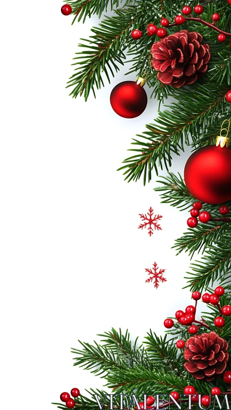 Vertical evergreen border with red ornaments on white background.