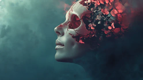 Profile view shows fragmented skull mask with floral elements