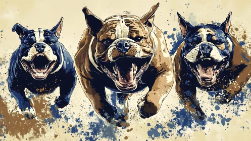Three stylized running bulldogs are depicted in motion