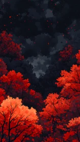 Fiery Autumn Forest Under Stormy Night Sky