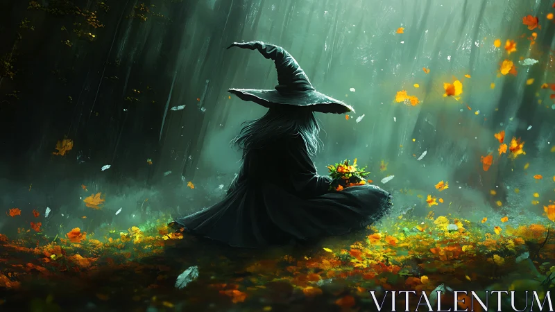 Solitary robed figure seated in misted forest clearing.