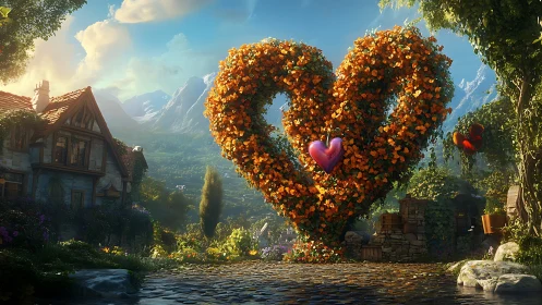 Fantasy Alpine Architecture with Floral Heart Sculpture.