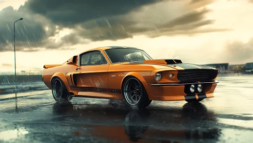 Orange classic muscle car on wet city street in rain.
