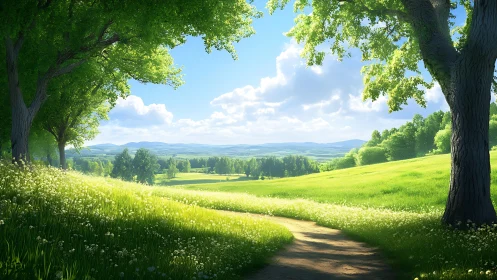 Sunlit meadow path wandering toward whispering blue hills.