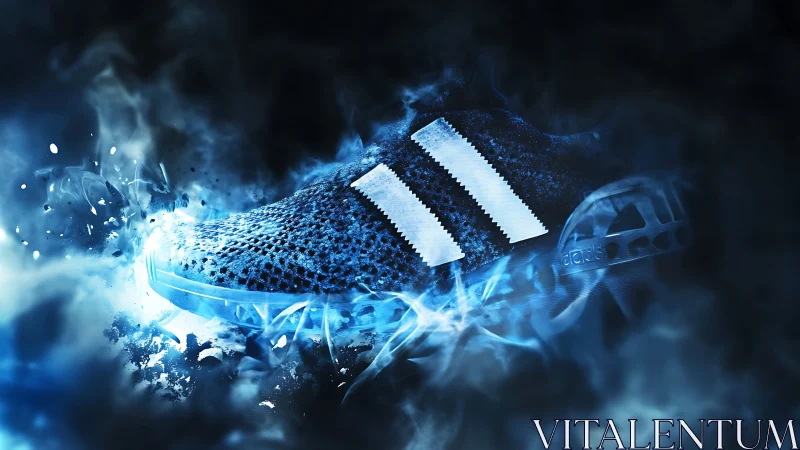 Electric blue running shoe engulfed in kinetic smoke effects.