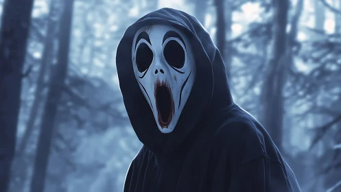 Hooded ghost mask figure in blue toned forest scene.