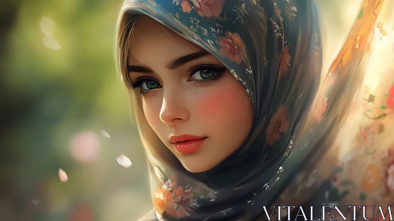 Soft light caresses veiled portrait with floral drapery detailing