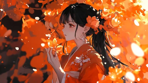 Girl in orange kimono stands among glowing orange flowers
