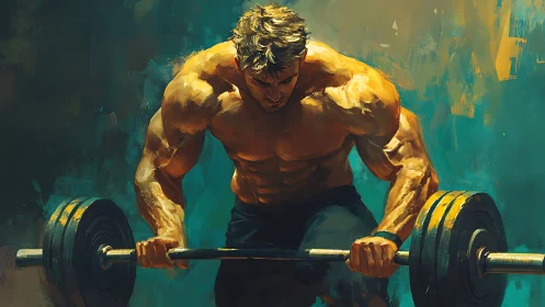 Muscles wrestle steel as teal and gold brushstrokes collide