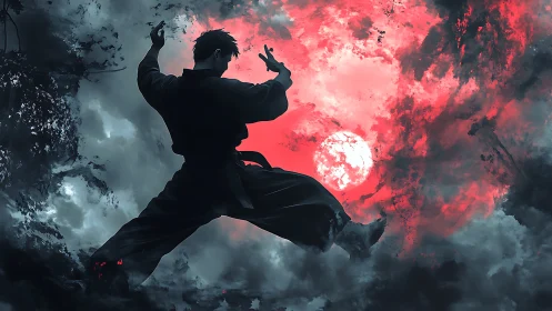 Martial artist silhouette leaps before a red lunar vortex