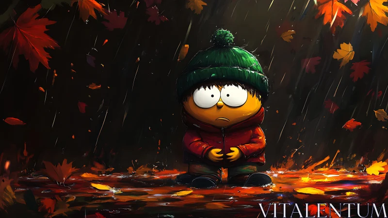 Digital painting of lonely cartoon child in rainy autumn street.