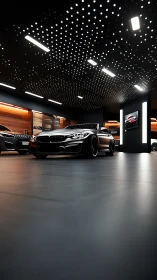 Luxury black coupe under star-lit showroom ceiling.
