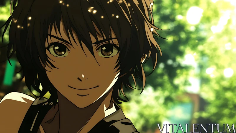 Confident anime teen smiles in dappled summer sunlight.