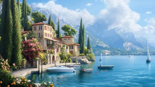 Sunlit villas lean into the lake while mountains dream beyond