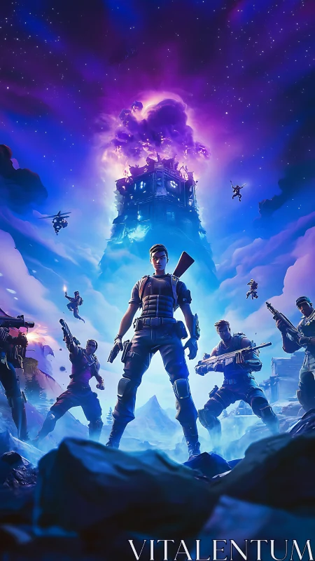 Squad-based cosmic assault beneath erupting sky fortress.