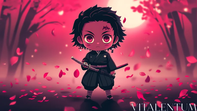Chibi dual-katana swordsman under luminous crimson sakura sky.