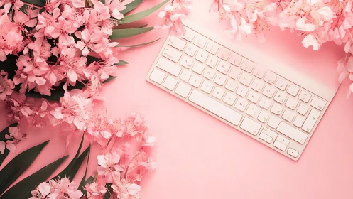Compact white keyboard with pink blossoms on pastel surface